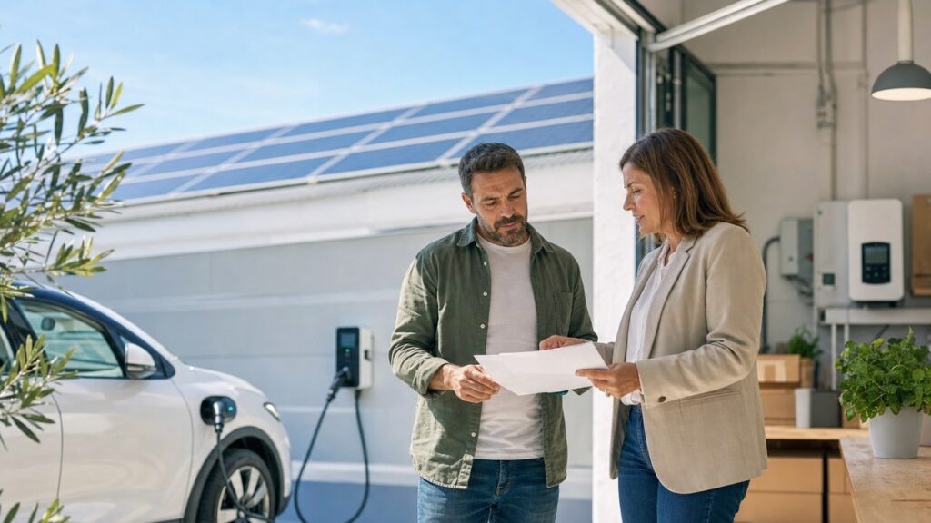 Autónomo y asesora revisan un proyecto de eficiencia energética con paneles solares y recarga eléctrica