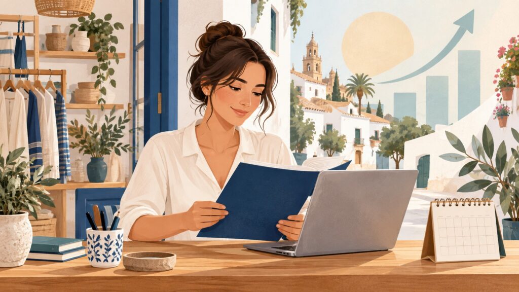 Emprendedora revisando la documentación de su negocio en un espacio de trabajo andaluz
