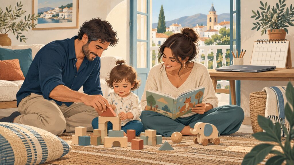 Madre y padre compartiendo juegos y lectura con su hijo pequeño en casa